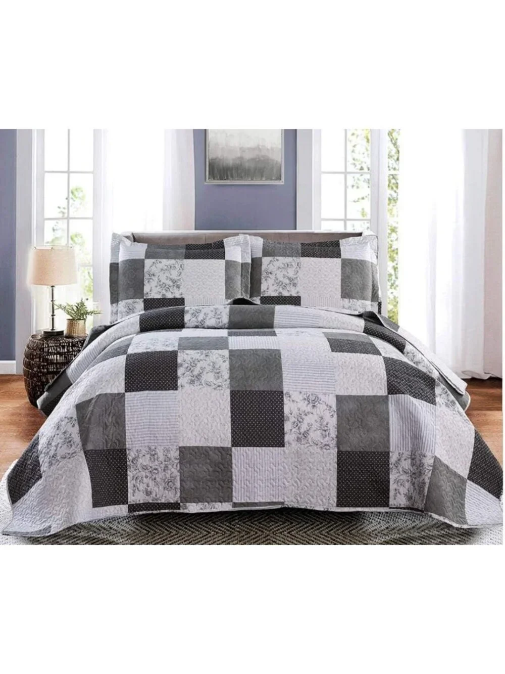 Lightweight Reversible Floral & Plaid Patchwork Quilt Set - Grey & Black